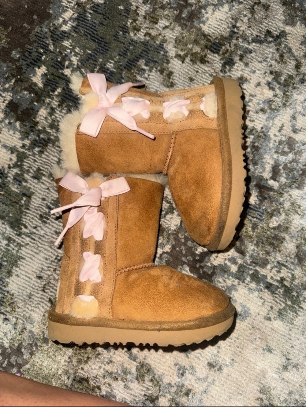 UGG Kids Chestnut Suede Boots with Pink Ribbon Bows